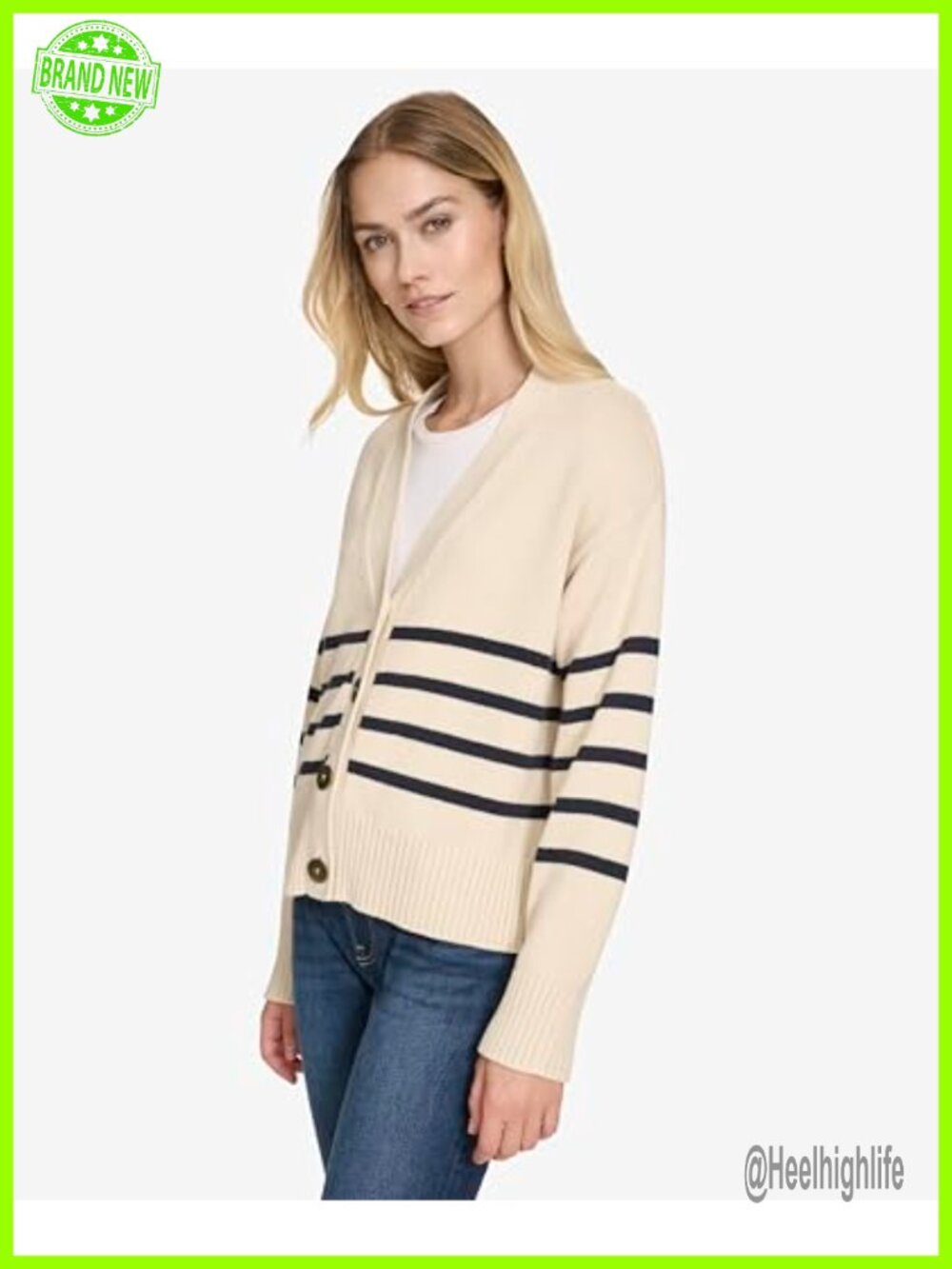 Long Sleeve V-Neck Striped Cotton Cardigan Sweater - Picture 5 of 6